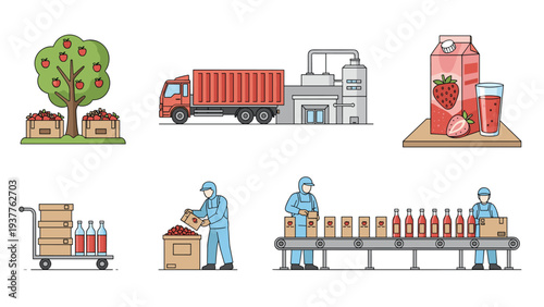 Visual representation of the fruit juice production process from the apple orchard to factory manufacturing and packaging.