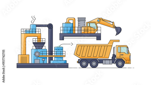 Industrial scene showing a large factory complex with complex machinery, storage tanks, and a yellow dump truck.