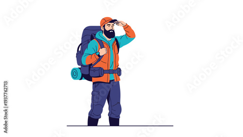 Experienced hiker in an orange vest and blue jacket with a large backpack stands and gazes into the far distance.