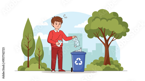 Young boy in red clothing responsibly throws crumpled paper and plastic bottles into a blue recycling bin in a park.