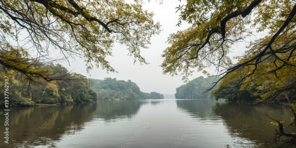Obraz premium serene river landscape with autumn foliage