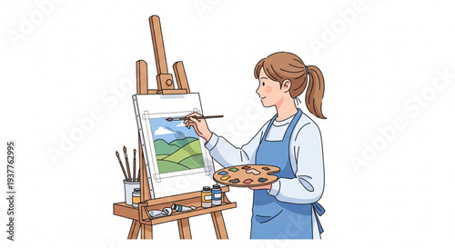 Artist Painting Landscape Scene on Easel from Profile Viewpoint