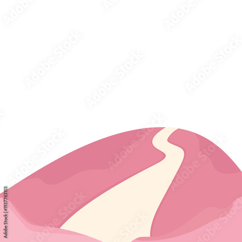 Winding road through pink sand dunes at sunset