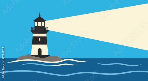 Lighthouse beam cutting through the dark sea and sky, guiding ships.