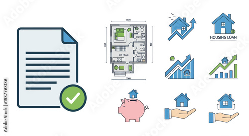 Real Estate Investment Icons: Blueprint, Piggy Bank, Charts, House