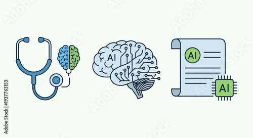 AI in Healthcare: Brain, Stethoscope, and Circuit Board Icon Set