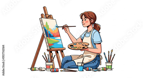 Artist Painting on Easel with Brush and Palette in Studio View
