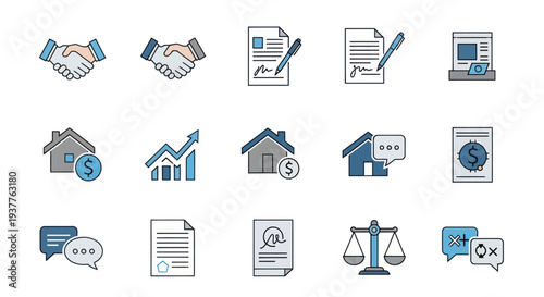 Real Estate Business Icons: Handshake, Contract, House, Finance, Law, Graph, Chat