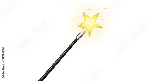 A magical black wand with a silver tip and glowing yellow star on a white background