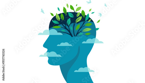 A blue silhouette of a human head with a tree growing out of it