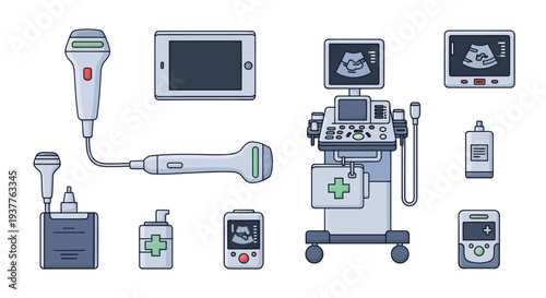 Medical Ultrasound Equipment Collection: Probes, Machine, Gel