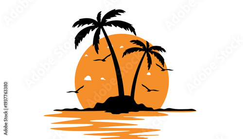 Palm tree silhouette illustration at sunset on a tropical island