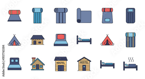 Camping Gear and Hostel Icons: Tents, Beds, Sleeping Mats, Backpacks, Cabins