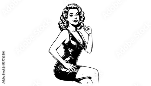 A woman in a black latex dress sitting in a seductive pose