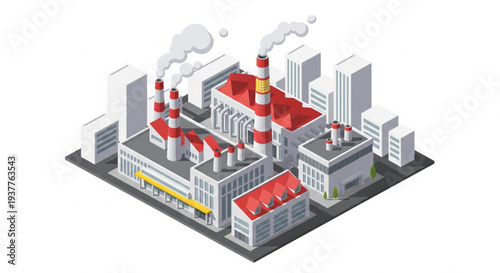 Industrial facility with smokestacks and factories viewed from above in an urban environment