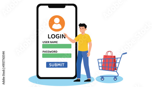 A man logging in to a mobile shopping app with a cart
