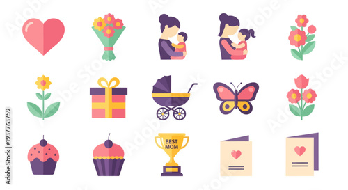 Mother's Day Icons: Heart, Flowers, Mom & Baby, Gift, Cupcake, Trophy, Card