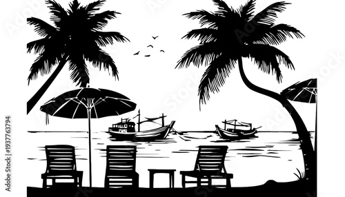 Beach vector silhouette illustration with palm trees and boats