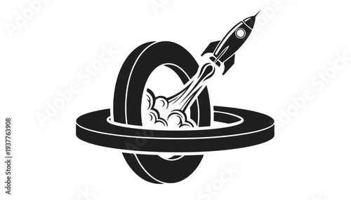 A rocket ship icon illustration launching through a tire silhouette vector