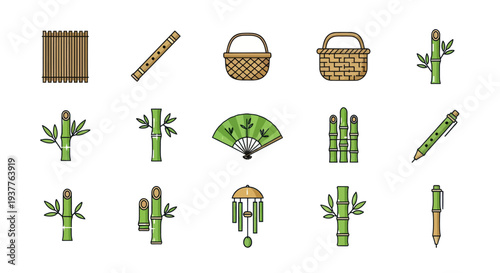 Bamboo Objects Collection: Basket, Flute, Fan, Wind Chime, Pen, Mat