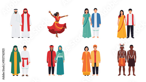 Collection of diverse people dressed in various traditional and ethnic costumes from different cultures around the world.