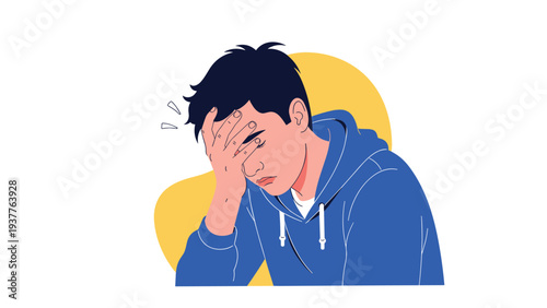 Young man in a blue hoodie holding his forehead and looking distressed with an expression of intense pain on his face.