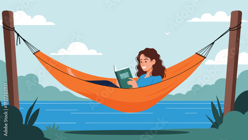 Young woman relaxing in an orange hammock suspended between two trees by a lake while reading a book in nature.