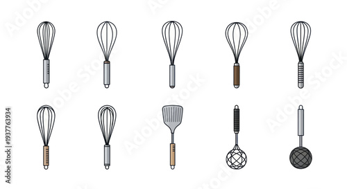 Collection of Kitchen Whisks and Utensils on White Background