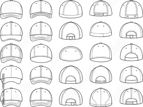 Array of outlined caps, presented in front and rear views.