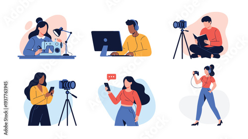 Collection of people pursuing different hobbies like sewing, gaming, photography, and working on a computer on white background.