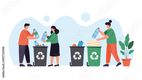 Group of diverse people sorting waste into different recycling bins for bottles, paper, and plastic to protect environment.