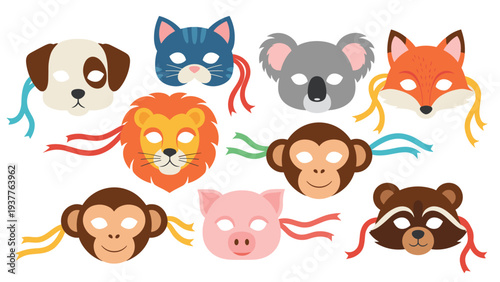 Collection of various animal-themed face masks for children including dog, cat, lion, monkey, fox, and pig on white background.
