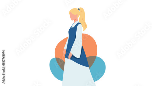 Minimalist illustration of a blonde woman standing in a long blue and white dress against abstract colorful shapes background.