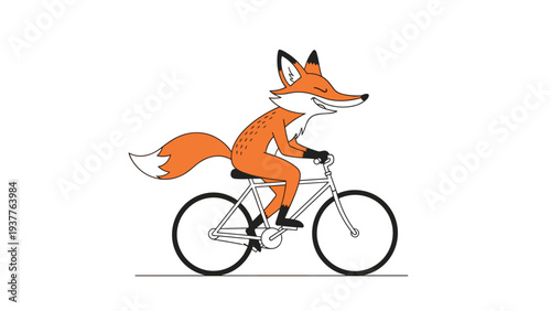 Cheerful cartoon fox with a big bushy tail riding a white bicycle through a journey against plain white background.