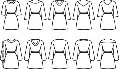 Illustration showing line drawings of various short sleeve and long sleeve dresses.