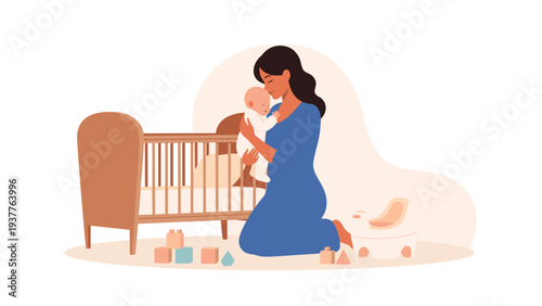 Tender illustration of a mother kneeling and holding her baby in a nursery with a crib and colorful toys on white background.