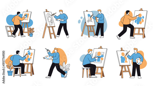 Group of creative artists practicing different painting techniques on white canvases in bright and spacious art studio.