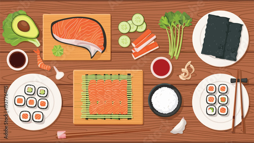 Overhead view of sushi preparation table with fresh salmon rolls rice seaweed avocado and traditional japanese tools.