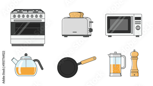 Essential kitchen appliances including silver toaster stove microwave and kettle for modern home cooking and meal prep.