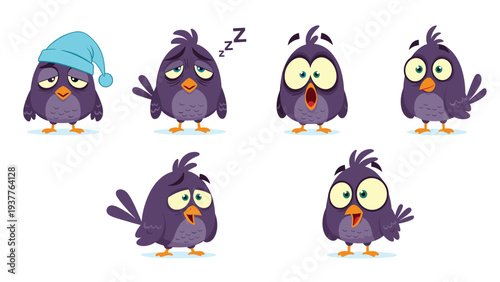 Set of funny bird characters expressing various emotions and states like sleepiness surprise and joy for storytelling.