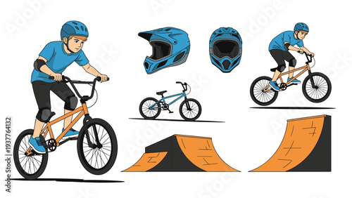 Young bmx rider performs stunts on bike in skatepark alongside equipment set featuring helmet ramps and bicycle.