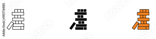 Wooden block tower game icon set. Jenga style stacking and balance symbol. Vector Illustration.