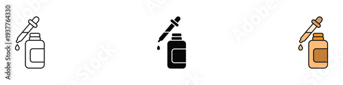 Dropper bottle and pipette icon set. Essential oil, serum, or medical drop symbol. Vector Illustration.
