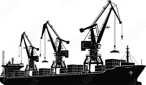 Cargo container ship with harbor cranes silhouette, maritime shipping logistics port terminal loading containers, industrial sea freight transportation vector illustration isolated