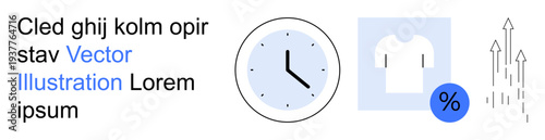 Time management, retail shopping, discounts, growth, business trends, productivity. Clock indicating time, shirt with a discount tag arrows pointing up. Time management and retail shopping concept