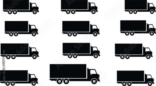 Cargo delivery truck silhouettes set, logistics transport box trucks collection, commercial freight vehicles vector illustration isolated shipping transportation fleet