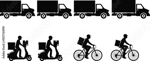 Delivery truck scooter bicycle courier silhouettes set, parcel delivery service transportation collection, logistics shipping transport icons, last mile delivery concept vector