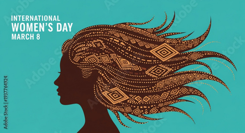 International women's day illustration with silhouette of woman and decorative hair on teal background