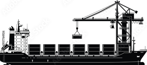 Container cargo ship with port crane silhouette, maritime shipping logistics loading containers, sea freight transportation vessel, industrial harbor terminal vector illustration