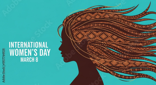 International women's day march 8 illustration with woman silhouette and braided hair on teal background
